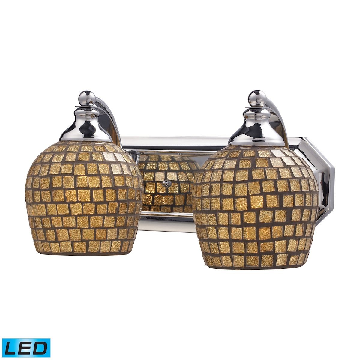 Bath And Spa 2 Light LED Vanity In Polished Chrome And Gold Leaf Glass Wall Elk Lighting 