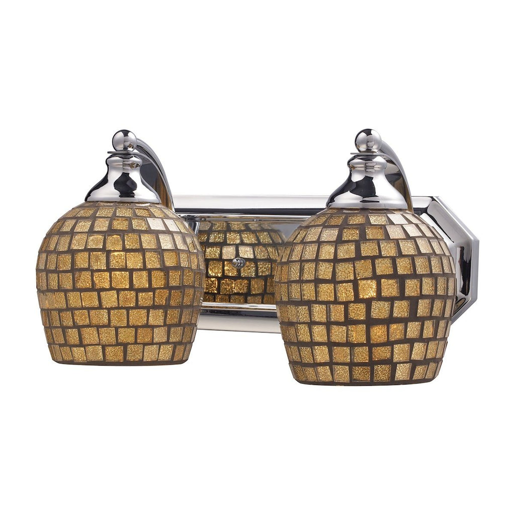 Bath And Spa 2 Light Vanity In Polished Chrome And Gold Leaf Glass Wall Elk Lighting 