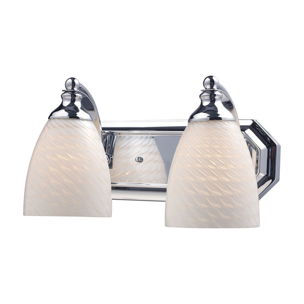 Bath And Spa 2 Light Vanity In Polished Chrome And White Swirl Glass Wall Elk Lighting 
