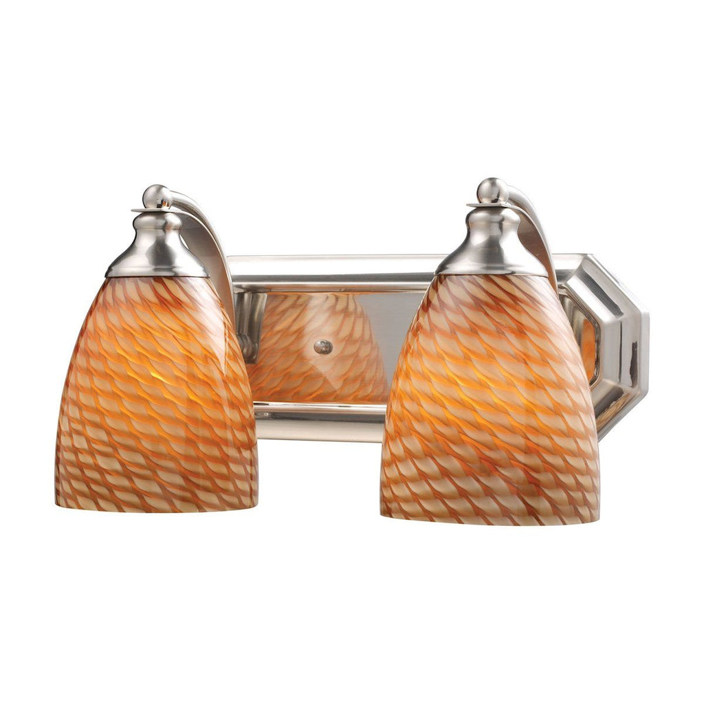 Bath And Spa 2 Light Vanity In Satin Nickel And Cocoa Glass Wall Elk Lighting 