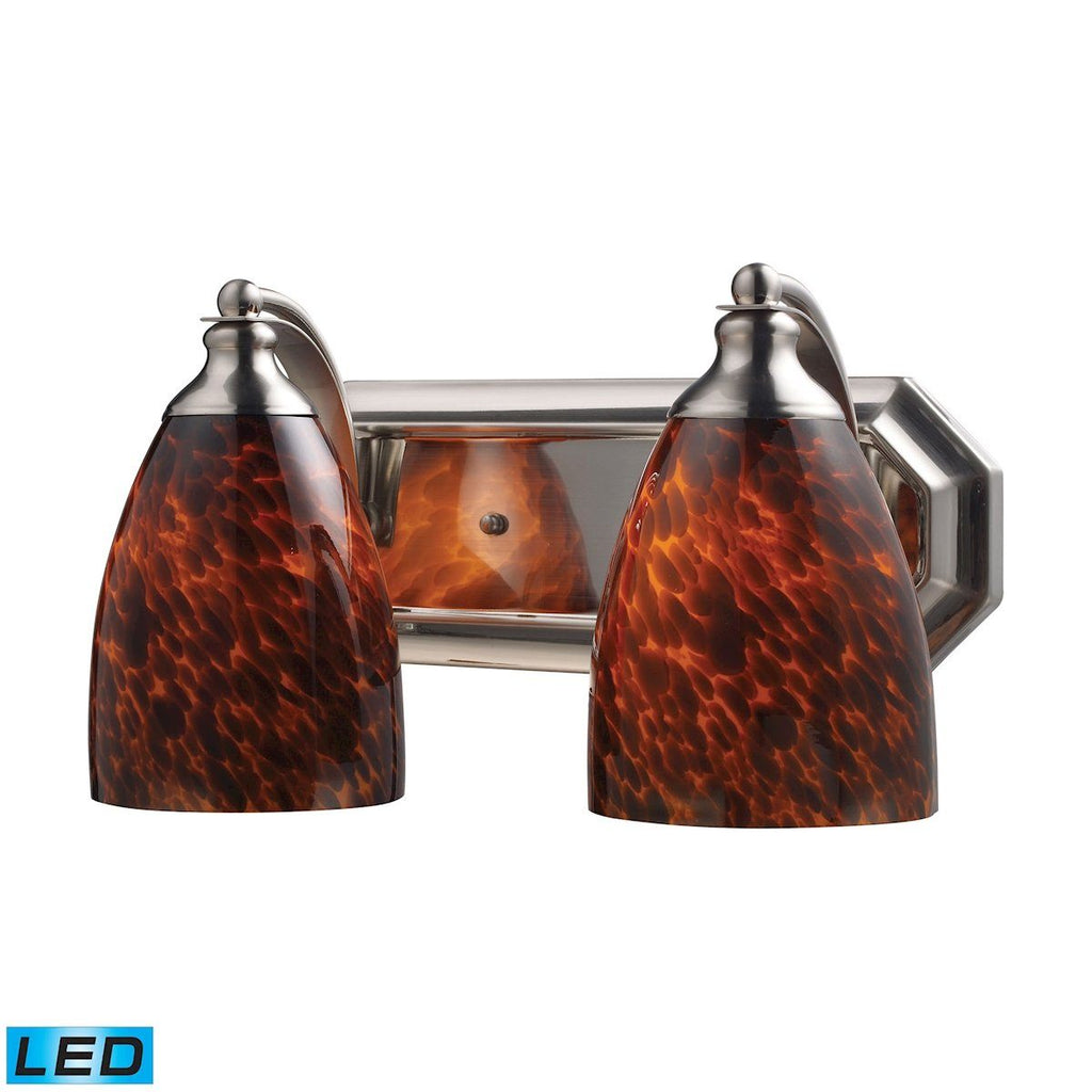 Bath And Spa 2 Light LED Vanity In Satin Nickel And Espresso Glass Wall Elk Lighting 