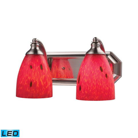Bath And Spa 2 Light LED Vanity In Satin Nickel And Fire Red Glass Wall Elk Lighting 