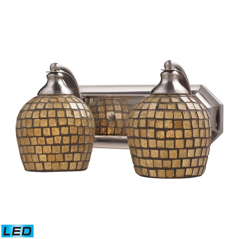 Bath And Spa 2 Light LED Vanity In Satin Nickel And Gold Leaf Glass Wall Elk Lighting 
