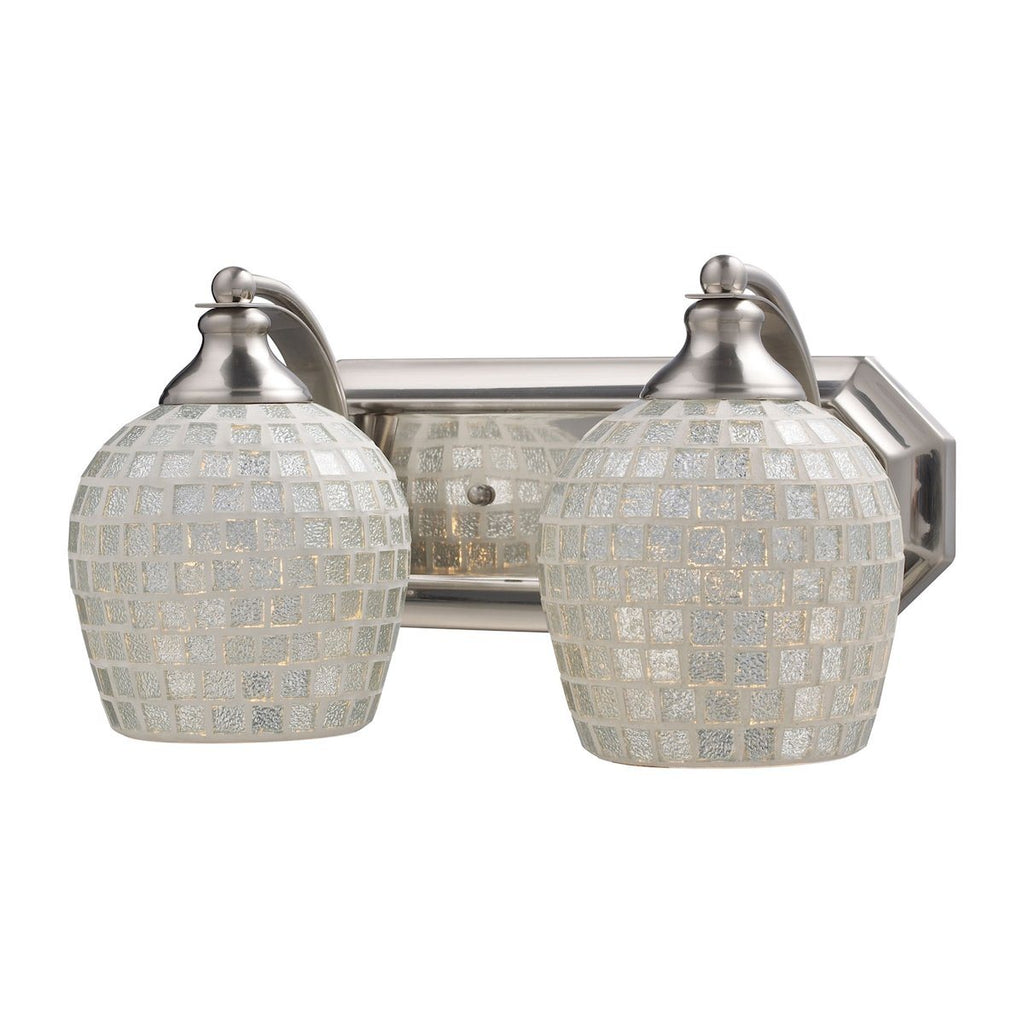 Bath And Spa 2 Light Vanity In Satin Nickel And Silver Glass Wall Elk Lighting 
