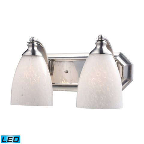 Bath And Spa 2 Light LED Vanity In Satin Nickel And Snow White Glass Wall Elk Lighting 
