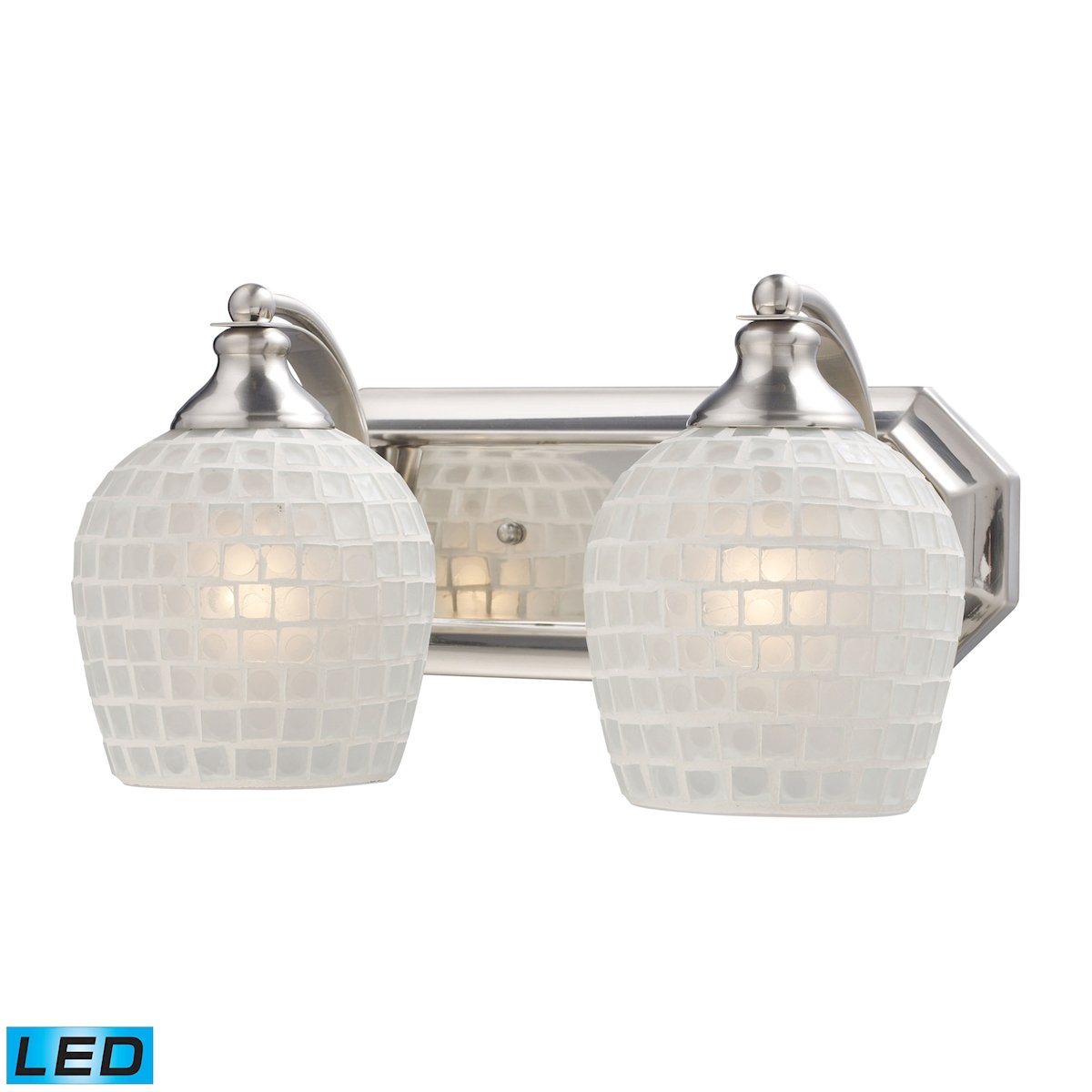 Bath And Spa 2 Light LED Vanity In Satin Nickel And White Glass Wall Elk Lighting 