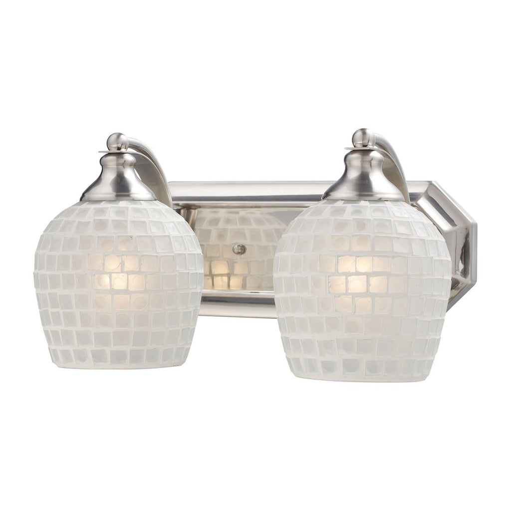 Bath And Spa 2 Light Vanity In Satin Nickel And White Glass Wall Elk Lighting 