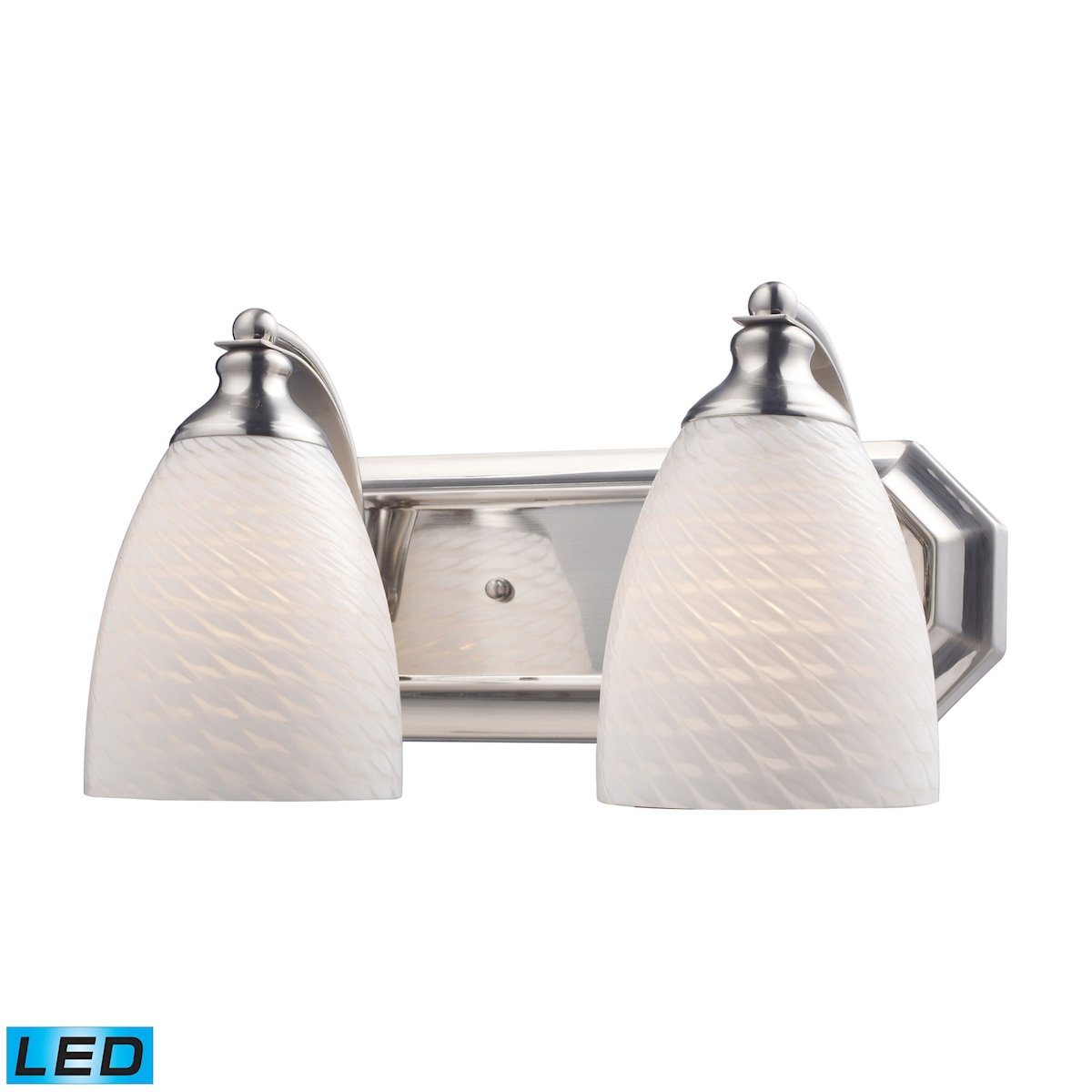 Bath And Spa 2 Light LED Vanity In Satin Nickel And White Swirl Glass Wall Elk Lighting 