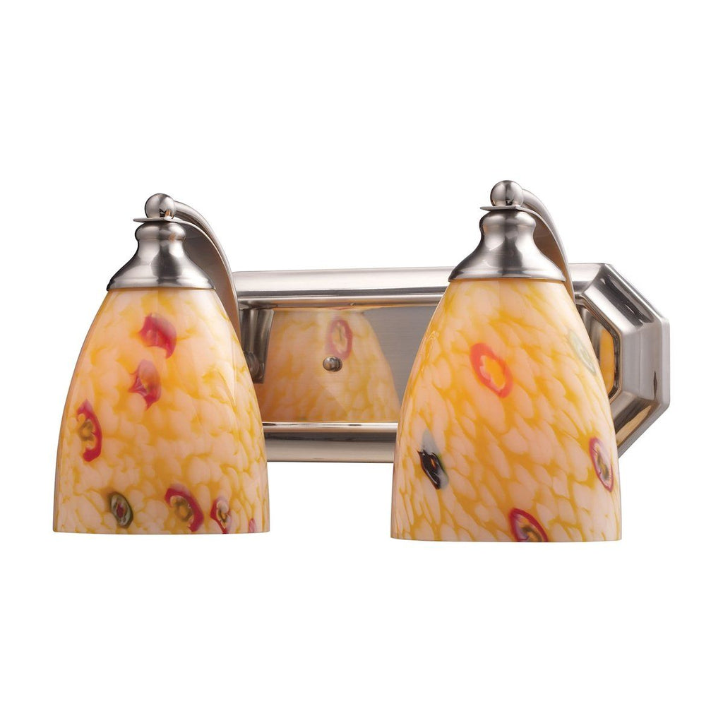 Bath And Spa 2 Light Vanity In Satin Nickel And Yellow Glass Wall Elk Lighting 