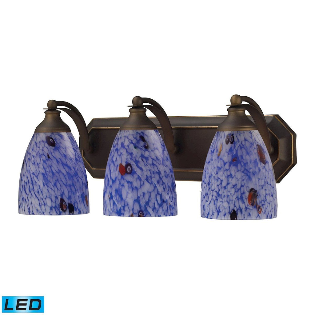 Bath And Spa 3 Light LED Vanity In Aged Bronze And Starburst Blue Glass Wall Elk Lighting 