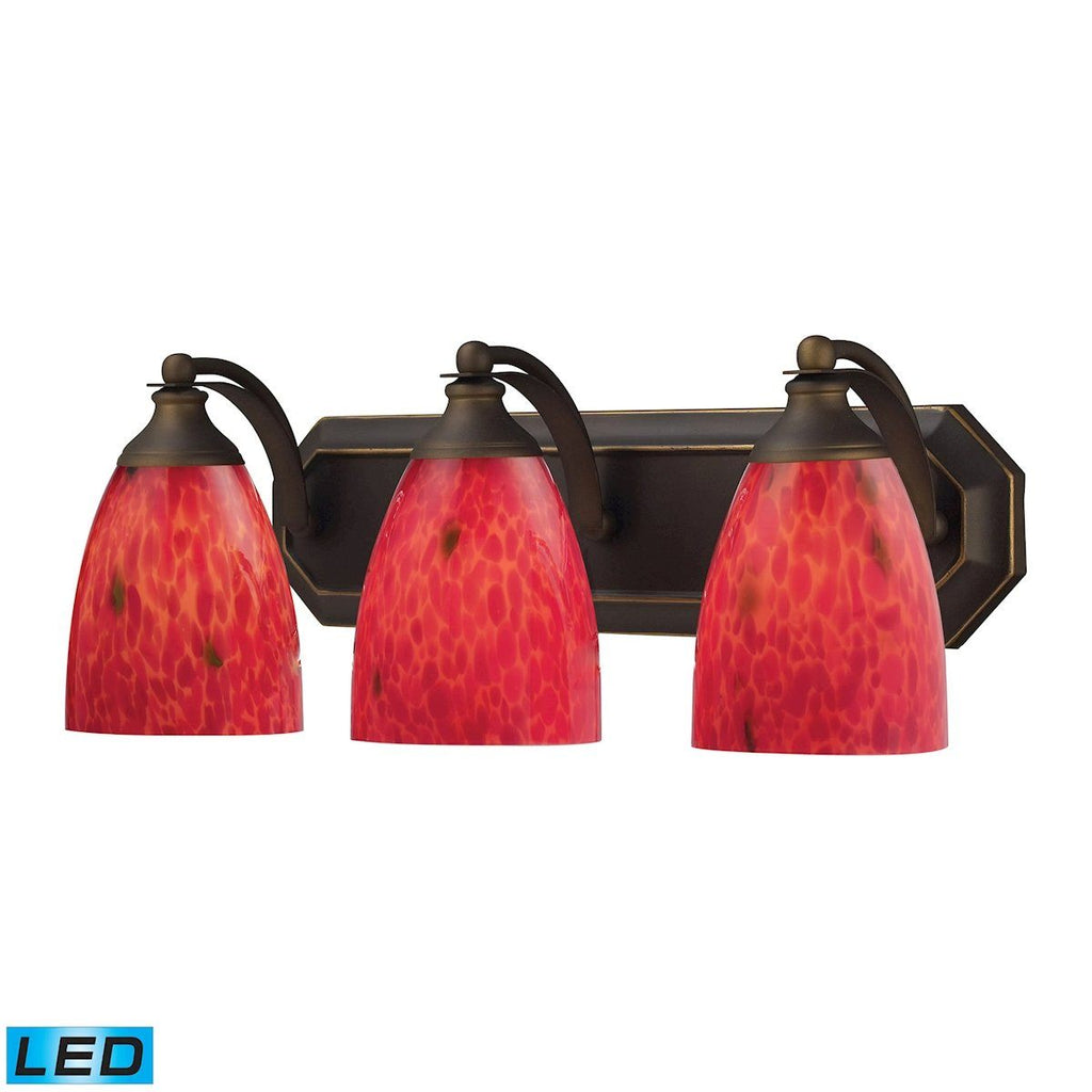 Bath And Spa 3 Light LED Vanity In Aged Bronze And Fire Red Glass Wall Elk Lighting 