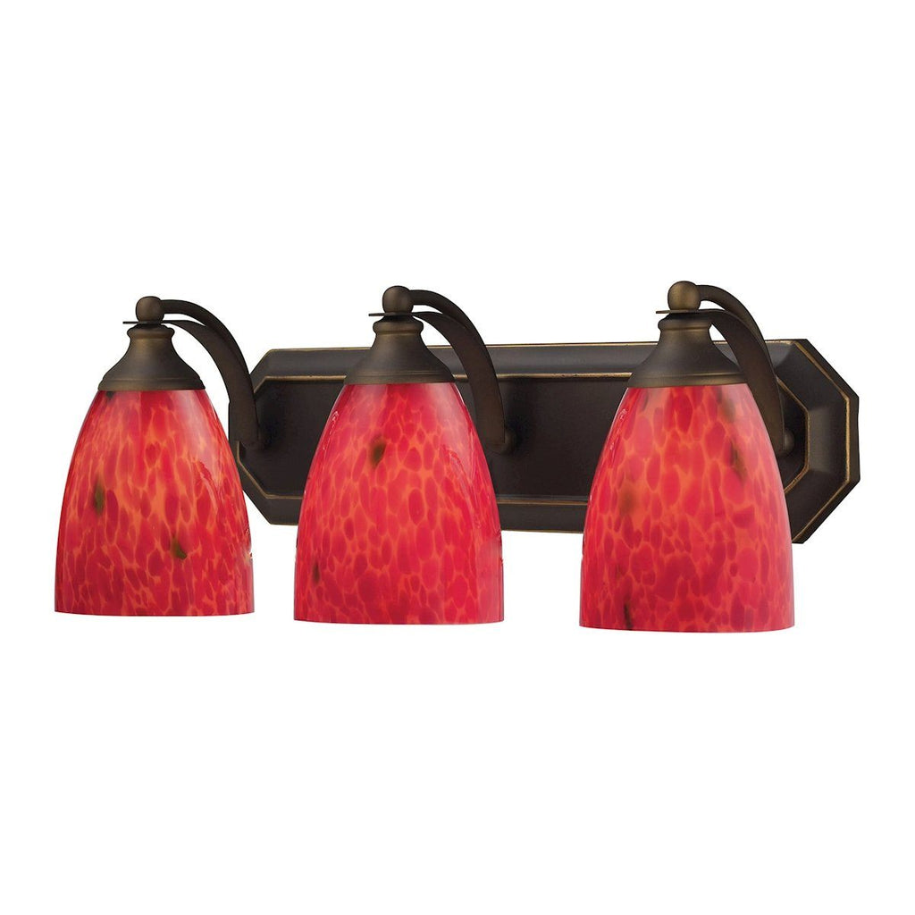 Bath And Spa 3 Light Vanity In Aged Bronze And Fire Red Glass Wall Elk Lighting 