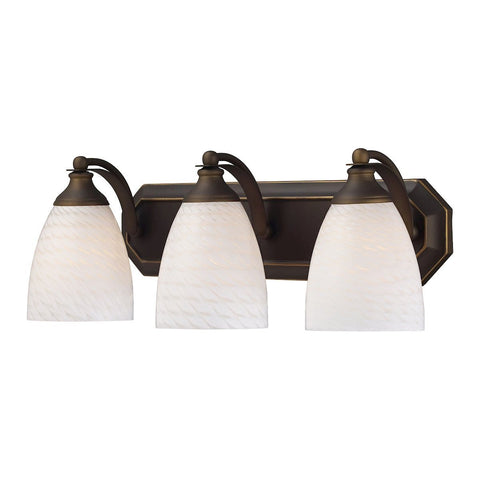Bath And Spa 3 Light Vanity In Aged Bronze And White Swirl Glass Wall Elk Lighting 