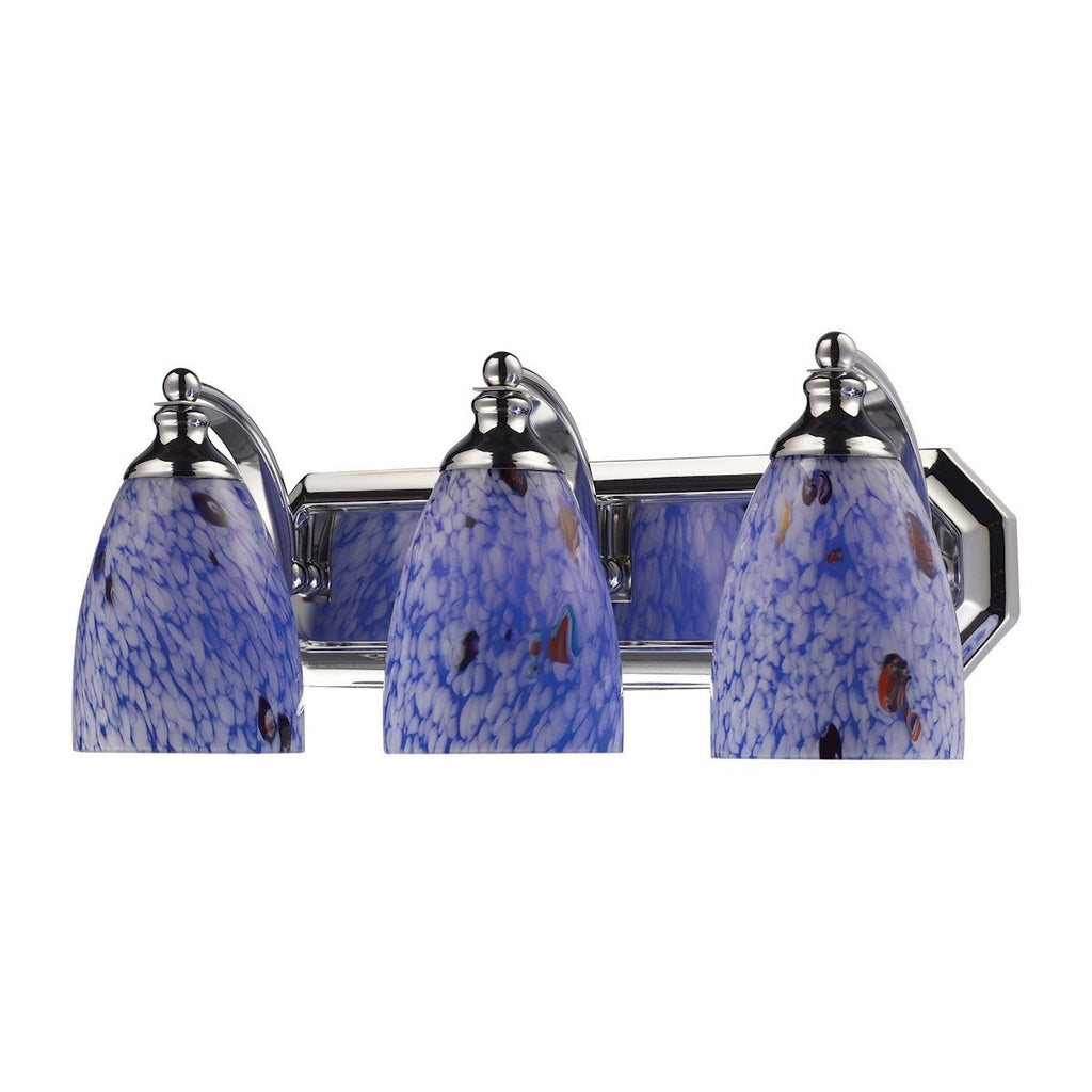 Bath And Spa 3 Light Vanity In Polished Chrome And Starburst Blue Glass Wall Elk Lighting 