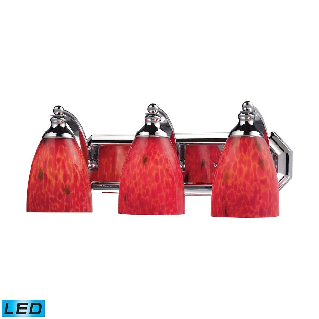 Bath And Spa 3 Light LED Vanity In Polished Chrome And Fire Red Glass Wall Elk Lighting 