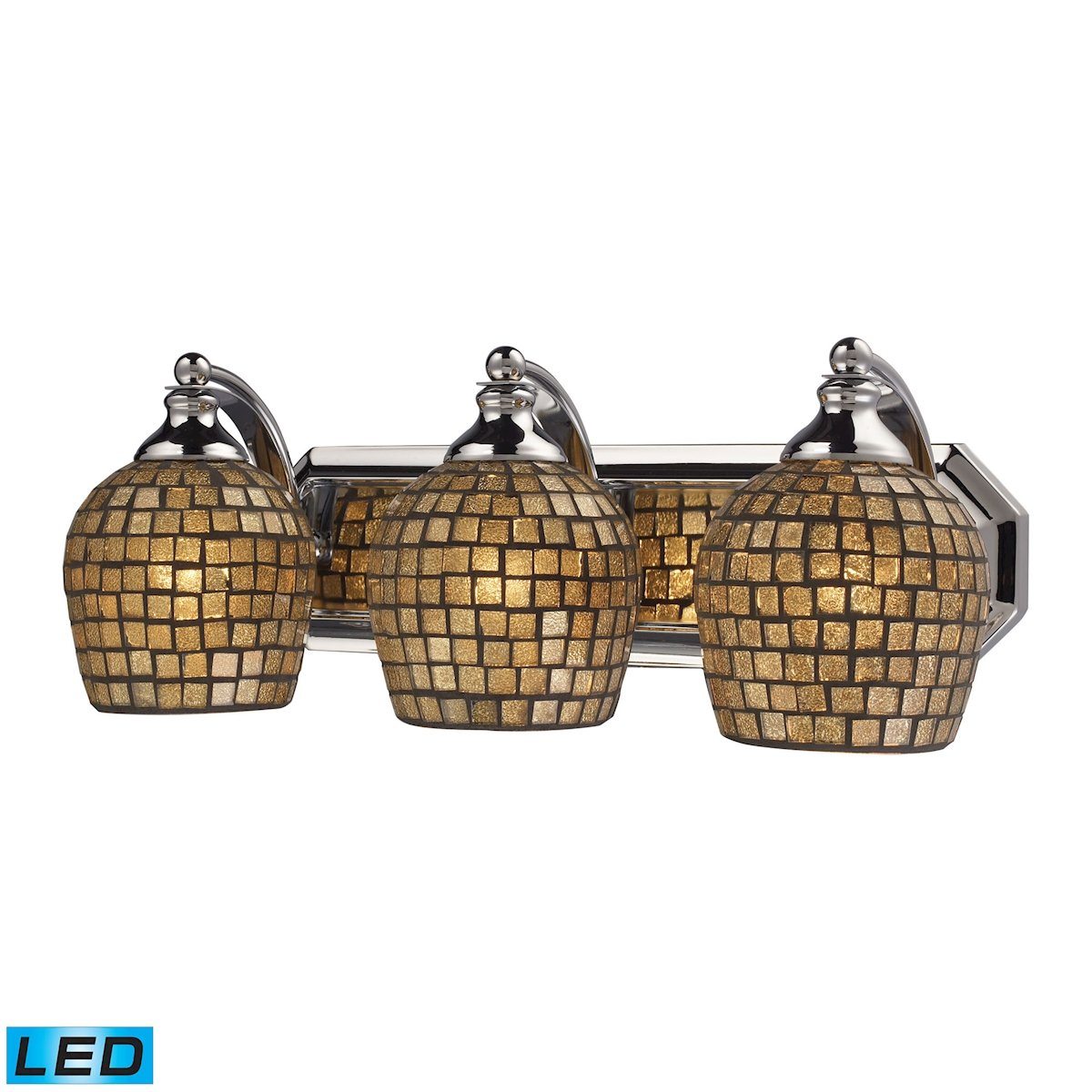 Bath And Spa 3 Light LED Vanity In Polished Chrome And Gold Leaf Glass Wall Elk Lighting 