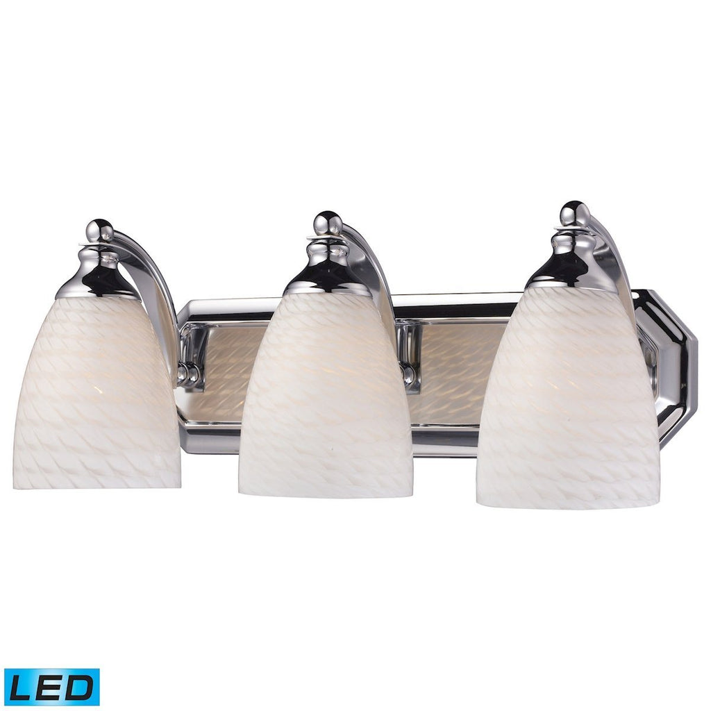 Bath And Spa 3 Light LED Vanity In Polished Chrome And White Swirl Glass Wall Elk Lighting 