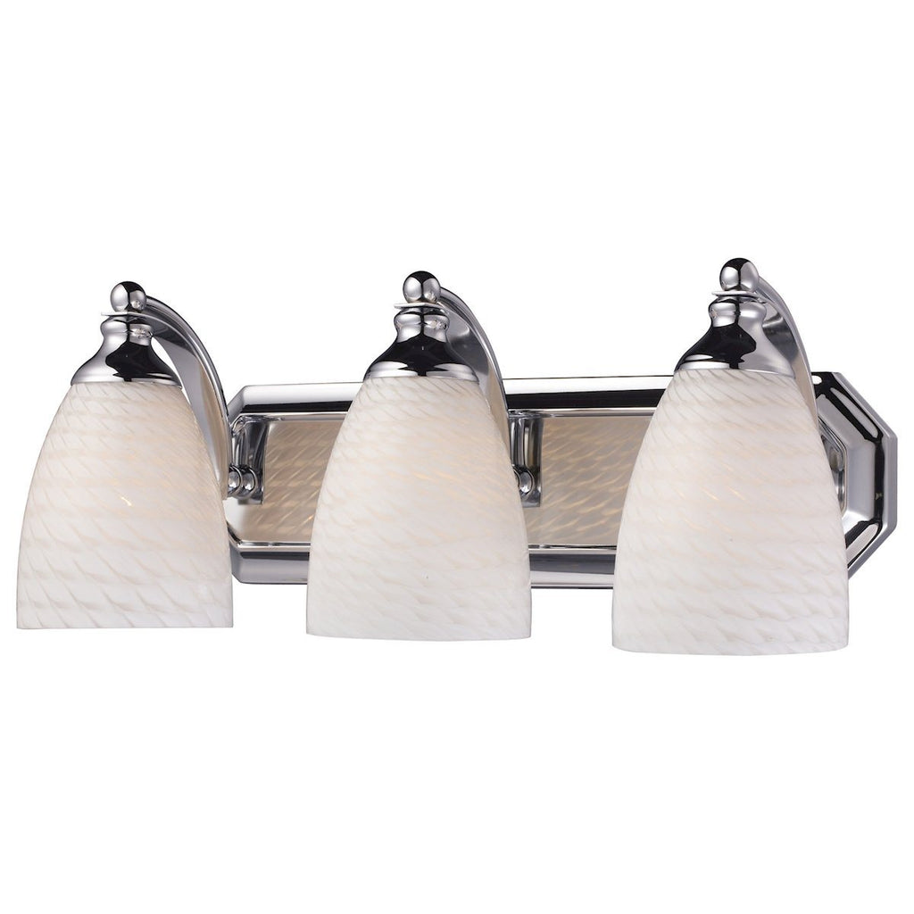 Bath And Spa 3 Light Vanity In Polished Chrome And White Swirl Glass Wall Elk Lighting 
