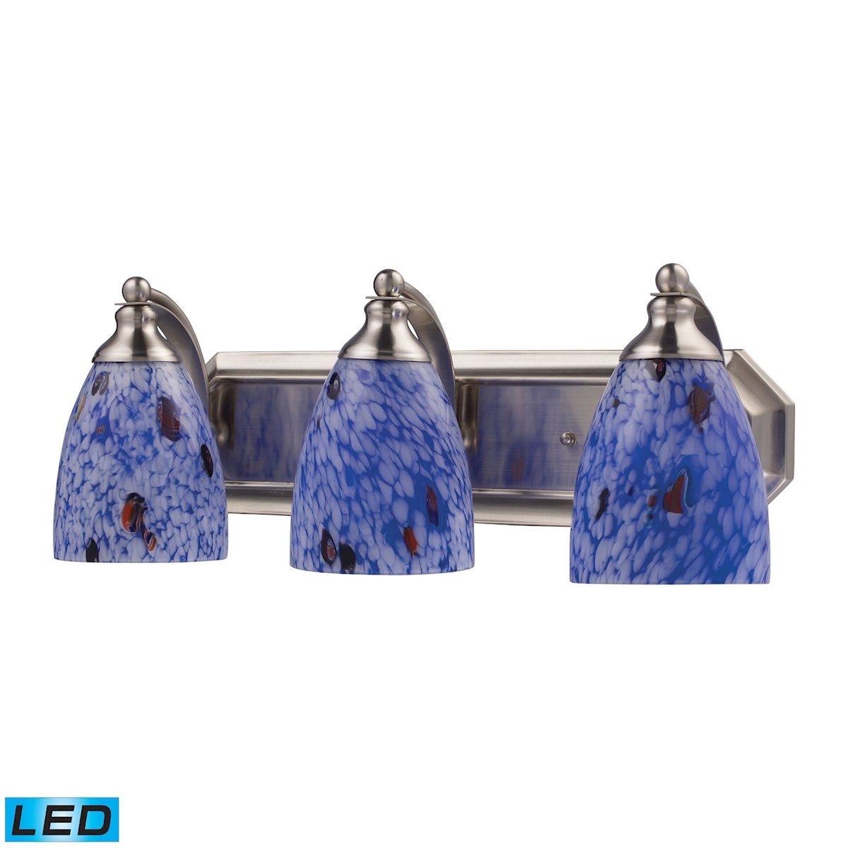 Bath And Spa 3 Light LED Vanity In Satin Nickel And Starburst Blue Glass Wall Elk Lighting 