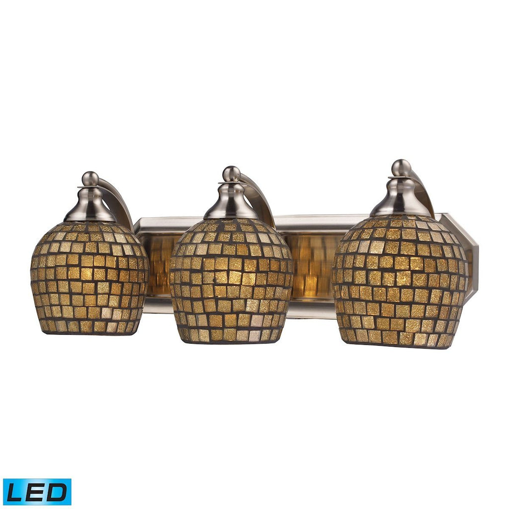 Bath And Spa 3 Light LED Vanity In Satin Nickel And Gold Leaf Glass Wall Elk Lighting 