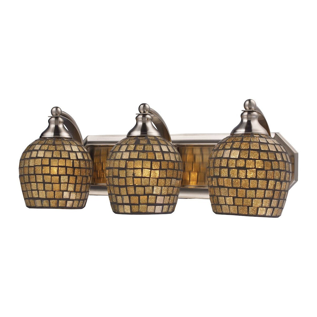 Bath And Spa 3 Light Vanity In Satin Nickel And Gold Leaf Glass Wall Elk Lighting 