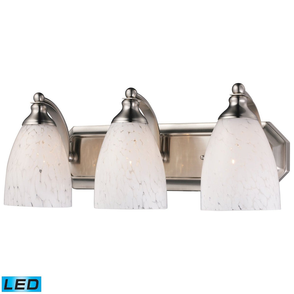 Bath And Spa 3 Light LED Vanity In Satin Nickel And Snow White Glass Wall Elk Lighting 