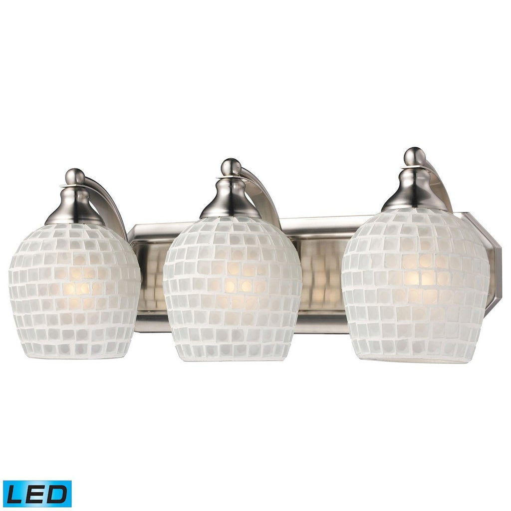 Bath And Spa 3 Light LED Vanity In Satin Nickel And White Glass Wall Elk Lighting 