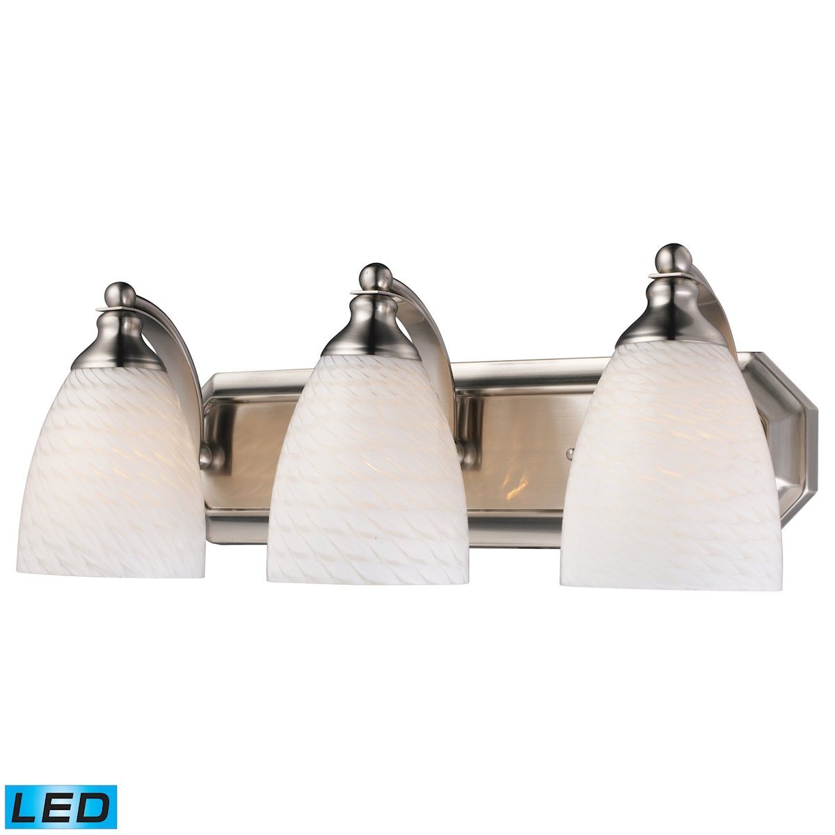Bath And Spa 3 Light LED Vanity In Satin Nickel And White Swirl Glass Wall Elk Lighting 