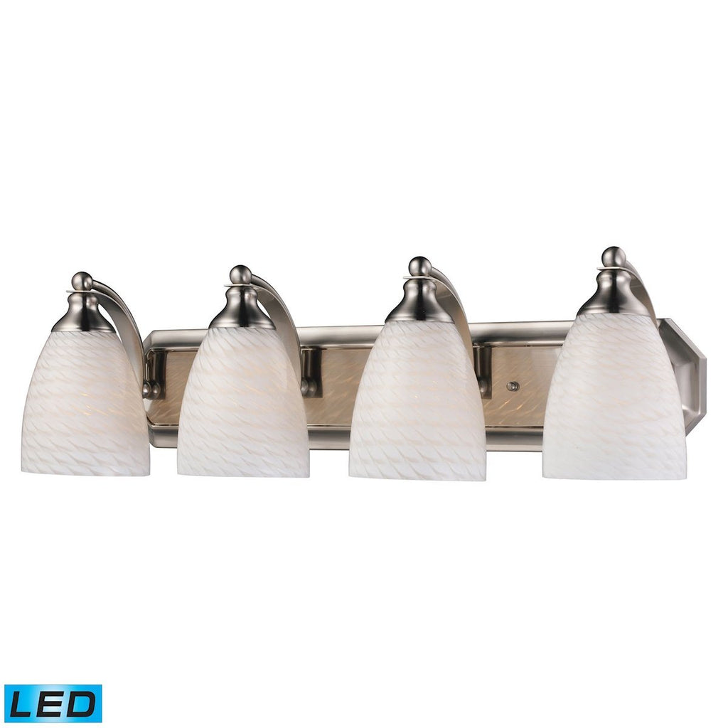 Bath And Spa 4 Light LED Vanity In Satin Nickel And White Swirl Glass Wall Elk Lighting 