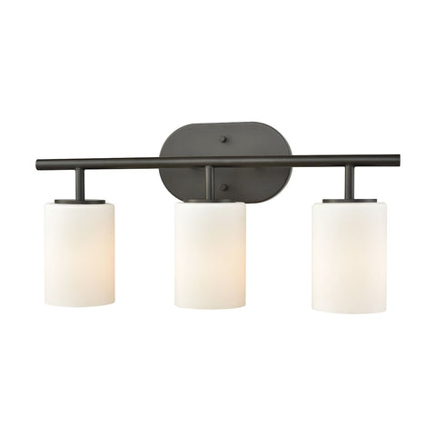 Pemlico 3 Light Vanity In Oil Rubbed Bronze With White Glass Wall Elk Lighting 