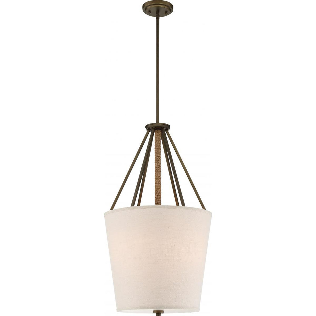 3 Light Seneca 17" Pendant Wrapped Rope Beige Linen Fabric Shade Etched Glass Diffuser Ceiling Nuvo Lighting 