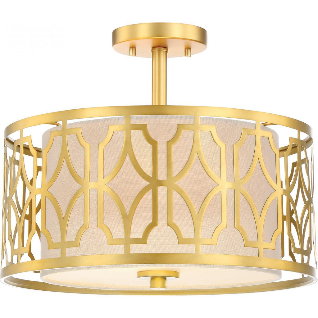 Filigree 2 Light Semi Flush Mount Natural Brass Finish Beige Linen Fabric Shade Ceiling Nuvo Lighting 