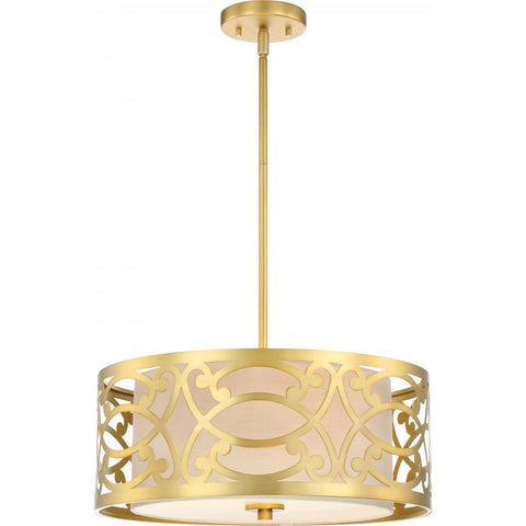 Filigree 3 Light Pendant Natural Brass Finish Beige Linen Fabric Shade Ceiling Nuvo Lighting 
