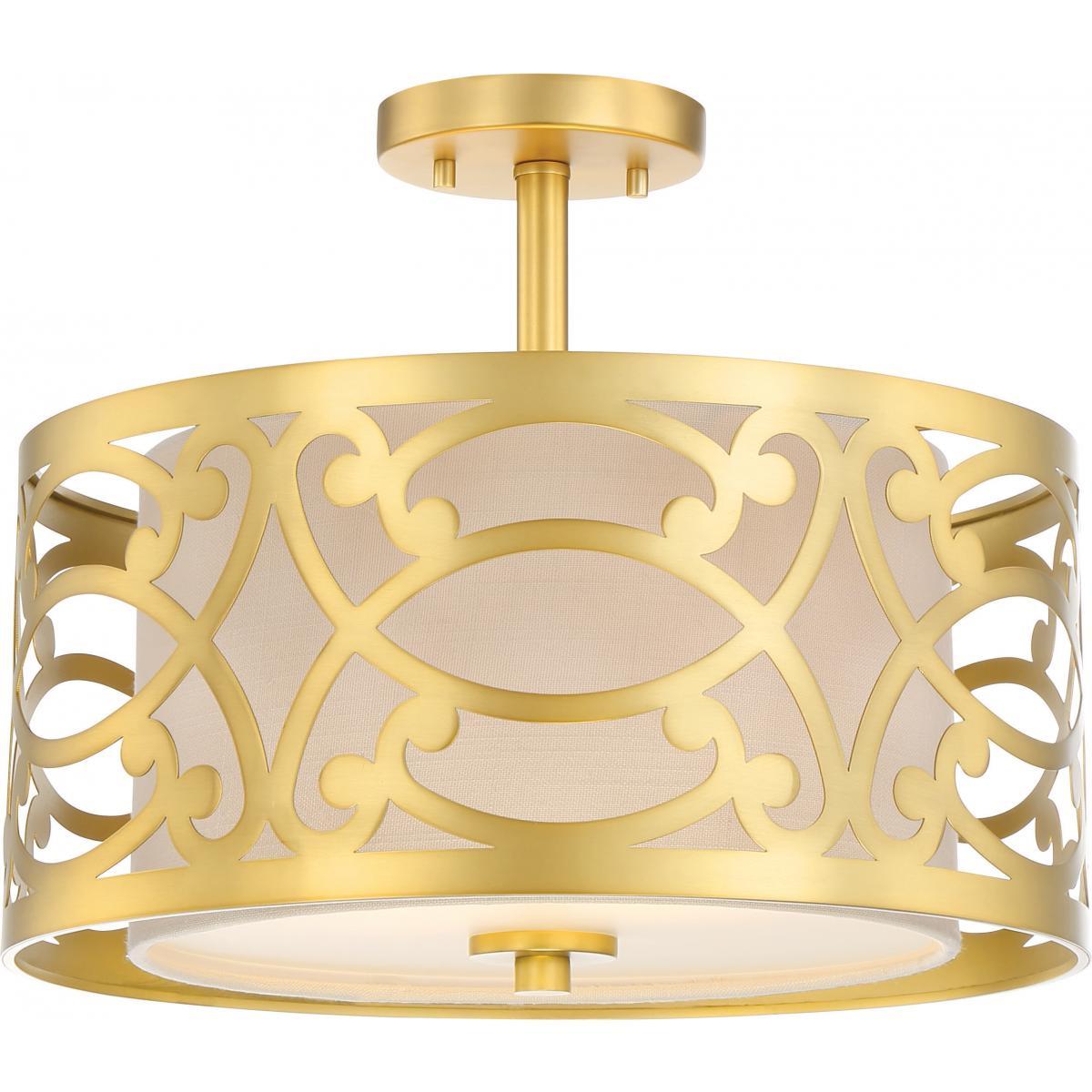 Filigree 2 Light Semi Flush Mount Natural Brass Finish Beige Linen Fabric Shade Ceiling Nuvo Lighting 