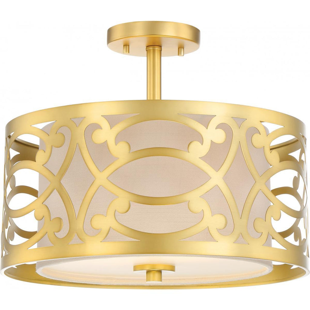 Filigree 2 Light Semi Flush Mount Natural Brass Finish Beige Linen Fabric Shade Ceiling Nuvo Lighting 