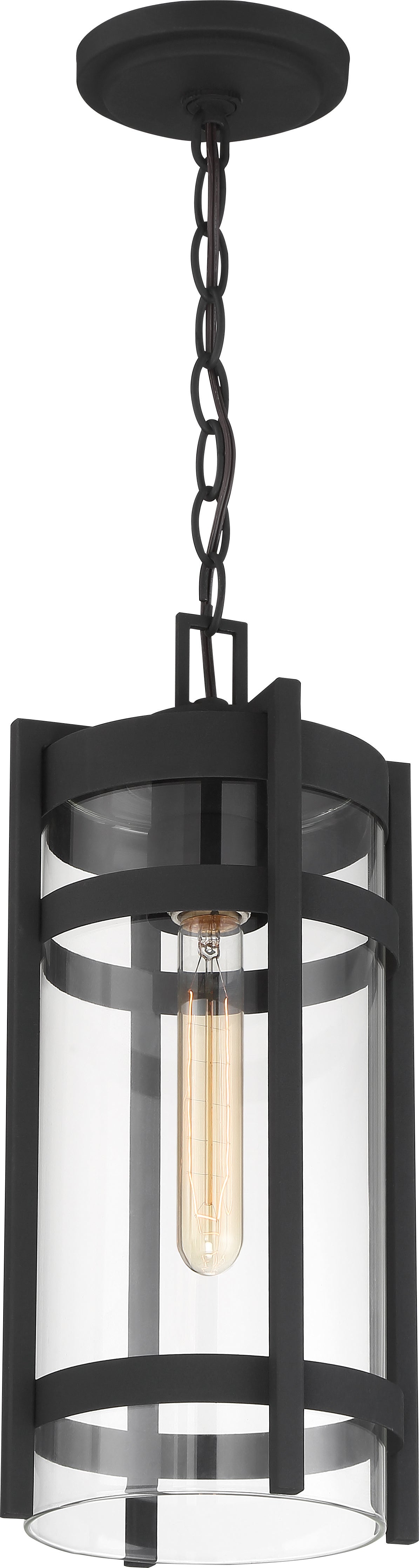Tofino Hanging Lantern; Textured Black with Seeded Glass