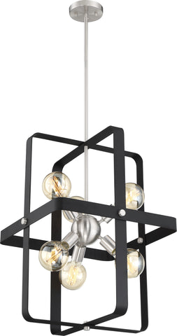 Prana 6 Light Foyer Pendant Fixture - Matte Black with Brushed Nickel Accents