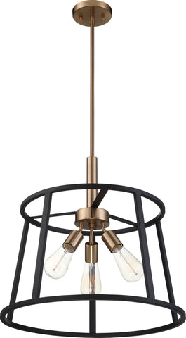 Chassis 3 Light Pendant Fixture; Copper Brushed Brass with Matte Black Frame