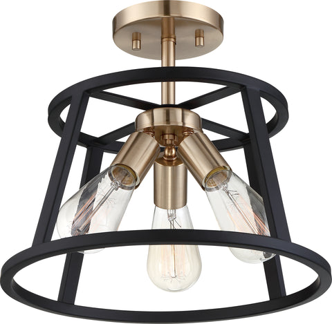 Chassis 3 Light Semi-Flush Mount Fixture; Copper Brushed Brass with Matte Black Frame