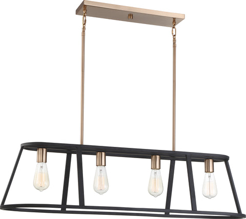 Chassis 4 Light Island Pendant Fixture; Copper Brushed Brass with Matte Black Frame