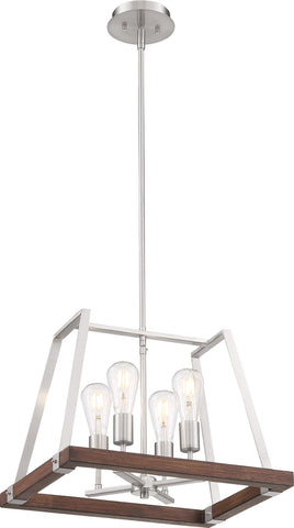 Outrigger 4 Light Pendant Fixture - Brushed Nickel and Nutmeg Wood