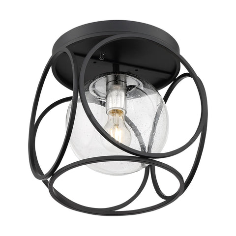 Aurora 1 Light Flush Mount with Seeded Glass Black and Polished Nickel Finish