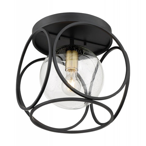 Aurora 1 Light Flush Mount with Seeded Glass Black and Vintage Brass Finish
