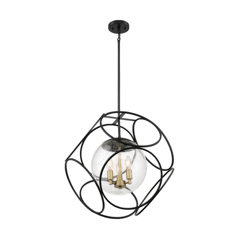 Aurora 3 Light Pendant with Seeded Glass Black and Vintage Brass Finish