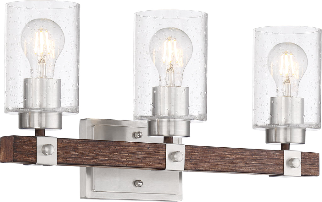 Arabel 3 Light Bath Vanity Fixture - Brushed Nickel and Nutmeg Wood with Seeded Glass