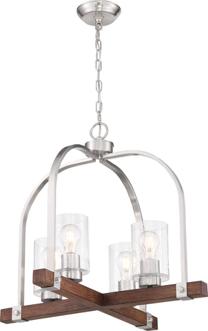 Arabel 4 Light Chandelier; Brushed Nickel and Nutmeg Wood with Seeded Glass