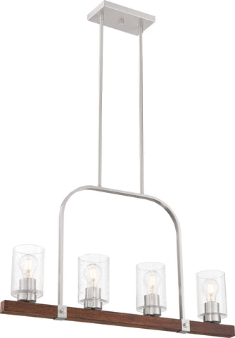 Arabel 4 Light Island Pendant Fixture - Brushed Nickel and Nutmeg Wood with Seeded Glass