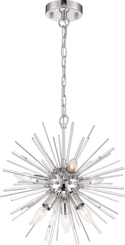 Cirrus 6 Light Chandelier; Polished Nickel with Glass Rods