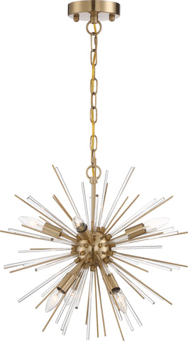 Cirrus 6 Light Chandelier; Vintage Brass with Glass Rods