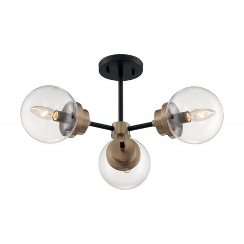 Axis 3 Light Semi-Flush with Clear Glass Matte Black and Brass Accents Finish
